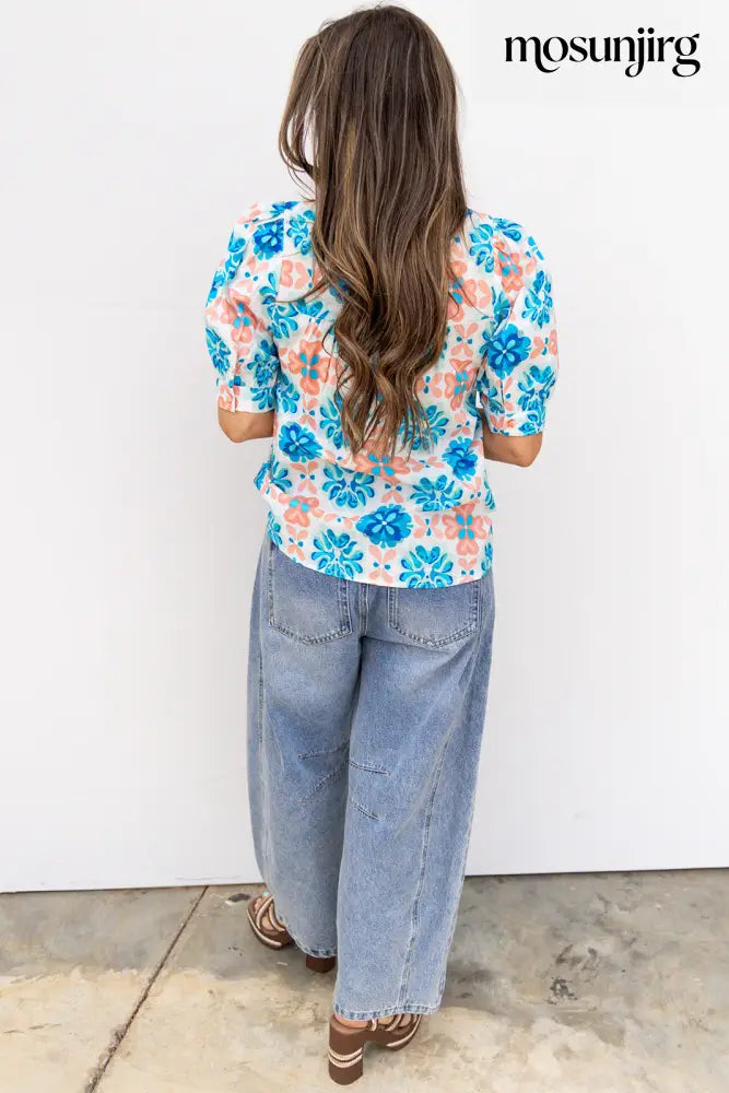 Hard To Forget Blouse - Coral / Blue