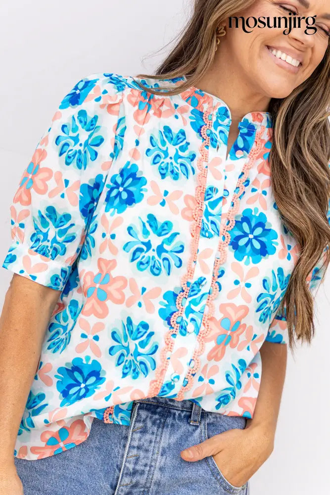 Hard To Forget Blouse - Coral / Blue