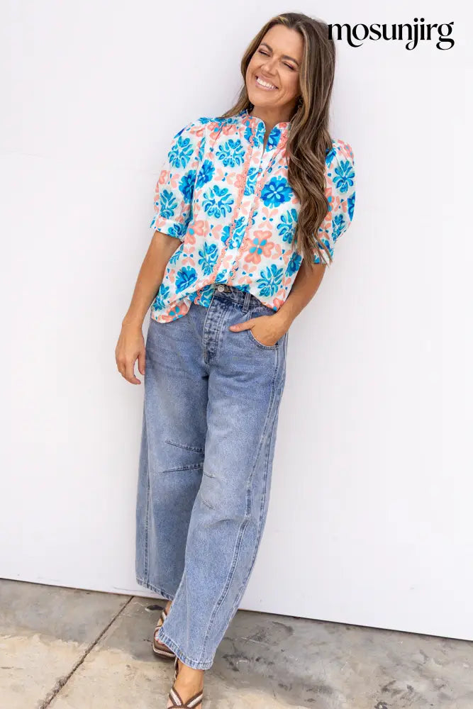 Hard To Forget Blouse - Coral / Blue