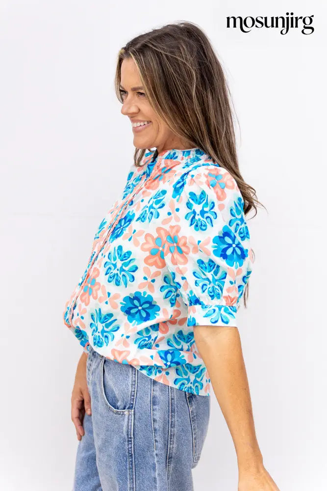 Hard To Forget Blouse - Coral / Blue