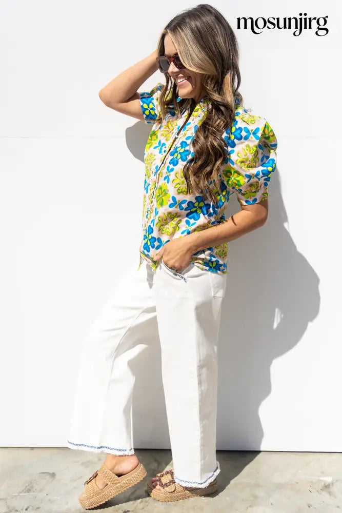 Hard To Forget Blouse - Lime / Blue