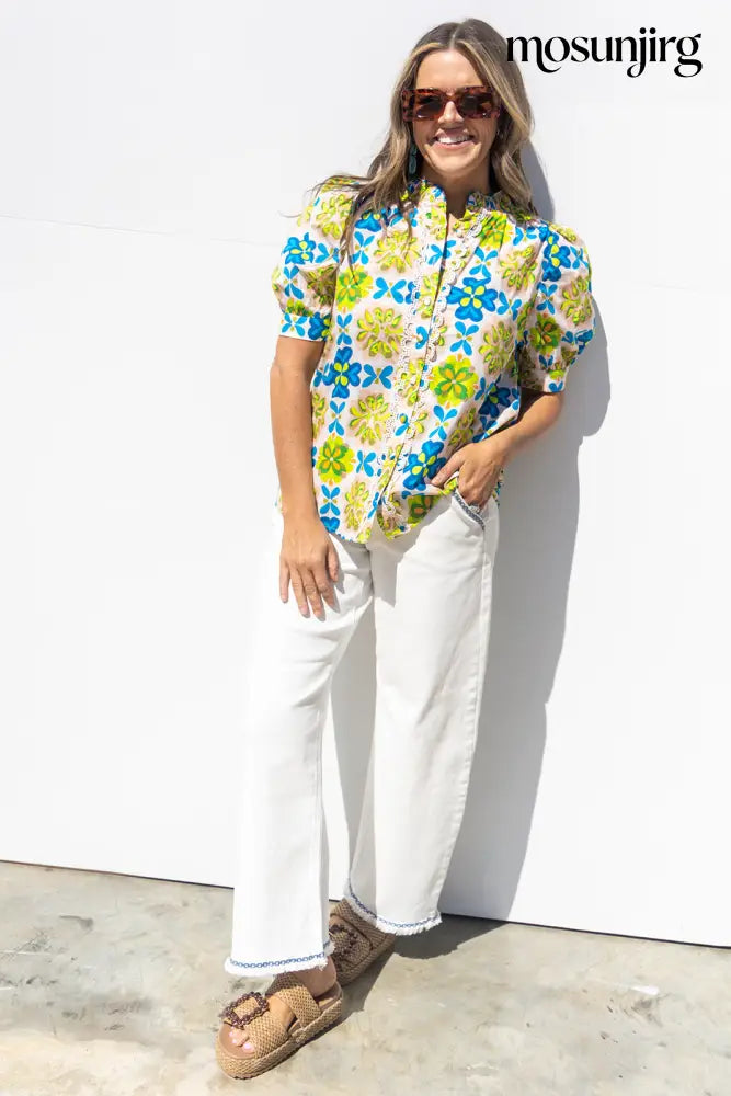 Hard To Forget Blouse - Lime / Blue