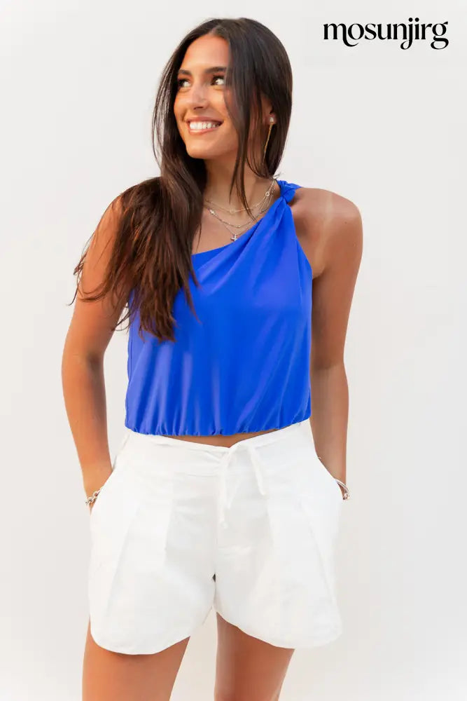 Simple Satin One Shoulder top - Capri Blue